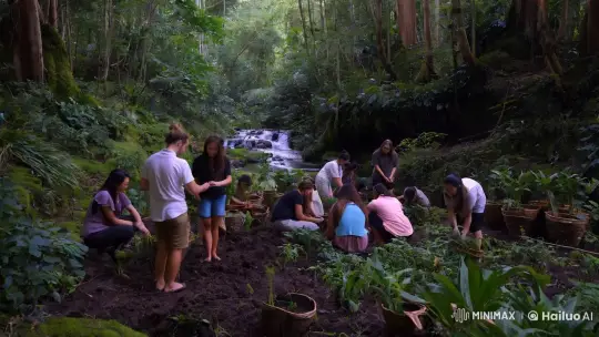 Harmonious Group Engages in Eco-Friendly Activity in Serene Forest – AI Generated Video | Hailuo AI