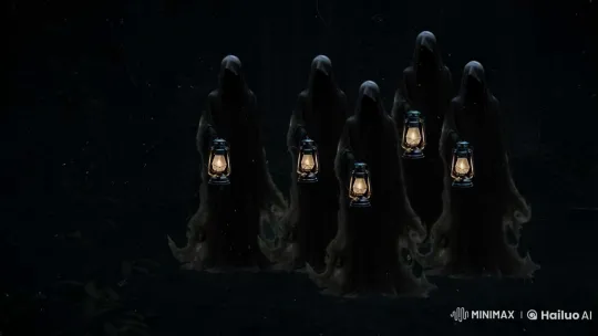 Faceless Ghosts Haunt Dark Forest with Dim Lanterns – AI Generated Video | Hailuo AI