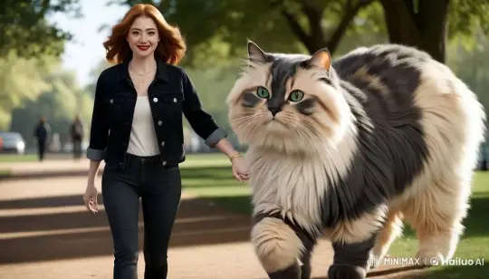 Woman Walks with Giant Angora Cat in Park – AI Generated Video | Hailuo AI