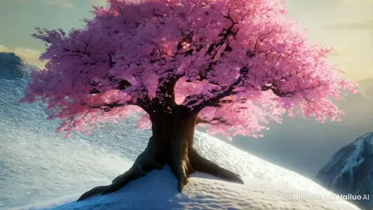 Mystical Cherry Blossom Tree on Snowy Mountain – AI Generated Video | Hailuo AI
