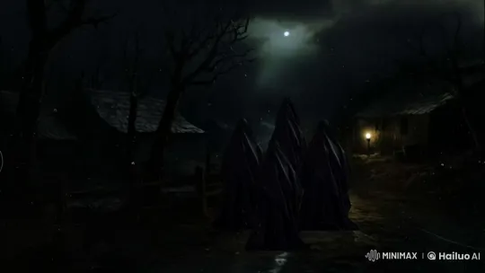 Mysterious Figures Haunt Desolate Moonlit Village – AI Generated Video | Hailuo AI