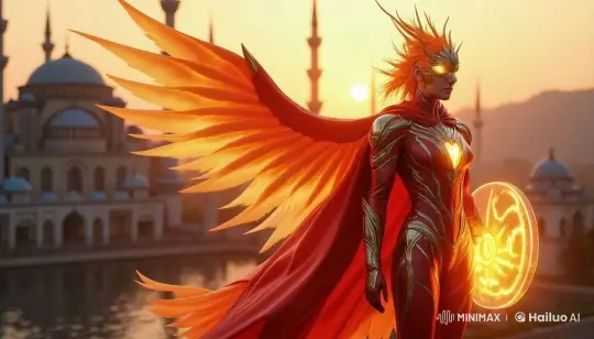 Flaming-Winged Superhero Stands by River at Sunset – AI Generated Video | Hailuo AI