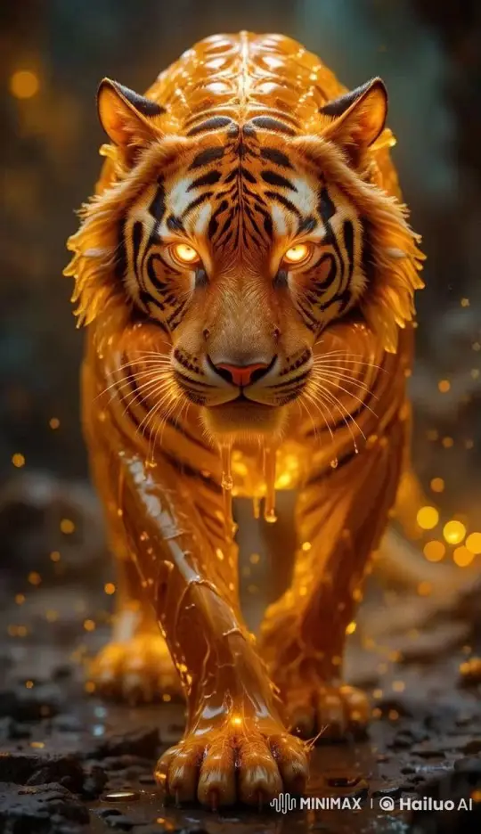 Golden Amber-Tiger Fusion: Enchanted Walk of Light – AI Generated Video | Hailuo AI