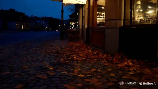 Evening Serenity: Café Lights and Dancing Leaves – AI Generated Video | Hailuo AI