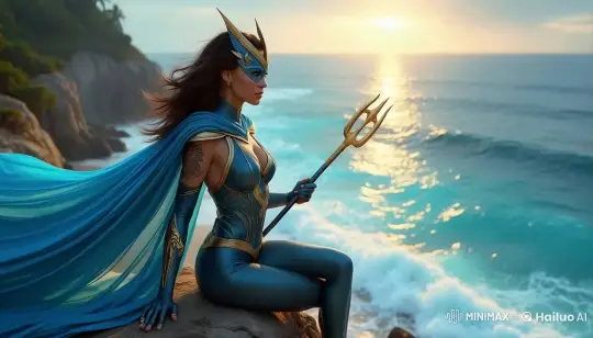Superhero Pose: Sunset by the Ocean – AI Generated Video | Hailuo AI