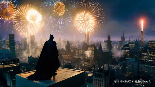 Batman Stands Amidst New Year Fireworks in Gotham – AI Generated Video | Hailuo AI