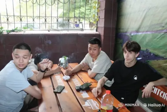 Outdoor Café Scene with Young Men and Passing Honda CRV – AI Generated Video | Hailuo AI