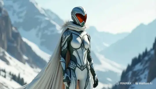 Futuristic Figure Stands Guard in Icy Mountain Scenery – AI Generated Video | Hailuo AI