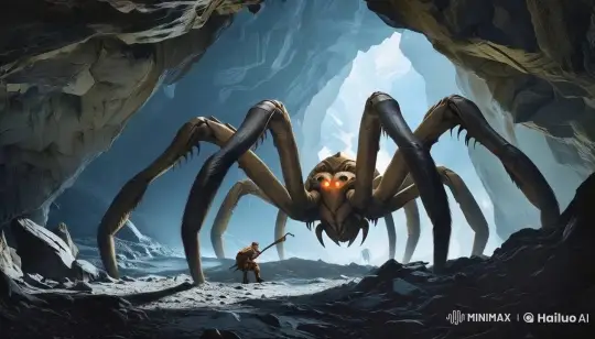 Giant Spider Confronts Figure at Cavern Entrance – AI Generated Video | Hailuo AI