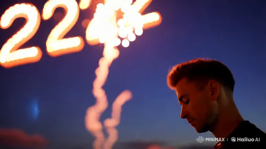 Contemplative Man Silhouetted Against '2025' Fireworks Sky – AI Generated Video | Hailuo AI
