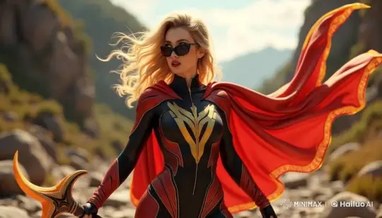 Superheroine in Mountainous Terrain with Weapon – AI Generated Video | Hailuo AI