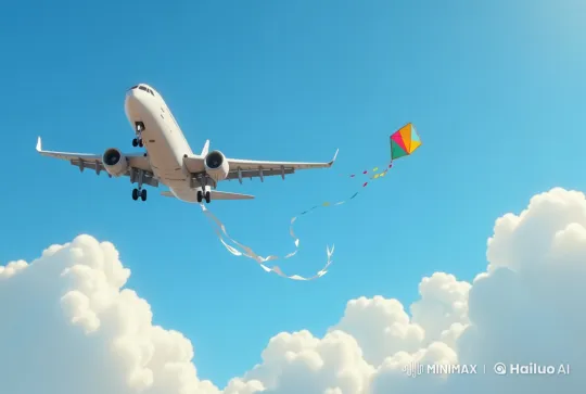 Playful Kite Follows Graceful Airplane Above Clouds – AI Generated Video | Hailuo AI
