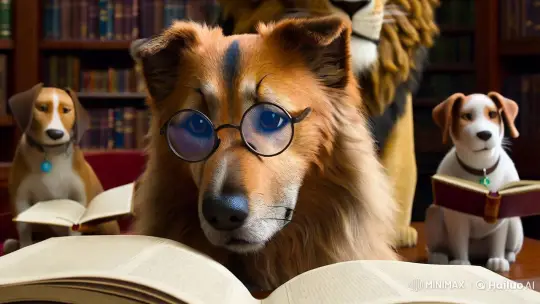 Dogs Reading in a Library with Glasses – AI Generated Video | Hailuo AI