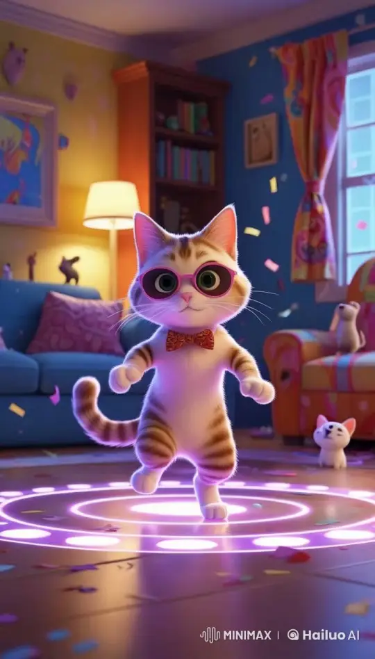 Adorable Cat Shines in Disco Living Room Animation – AI Generated Video | Hailuo AI