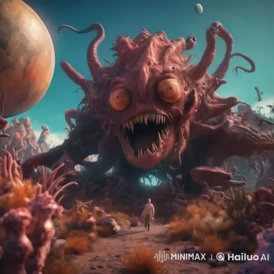 Alien Monster Pursues Man in Surreal Landscape – AI Generated Video | Hailuo AI