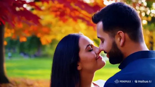 Intimate Sunset Kiss in Autumn Park Setting – AI Generated Video | Hailuo AI