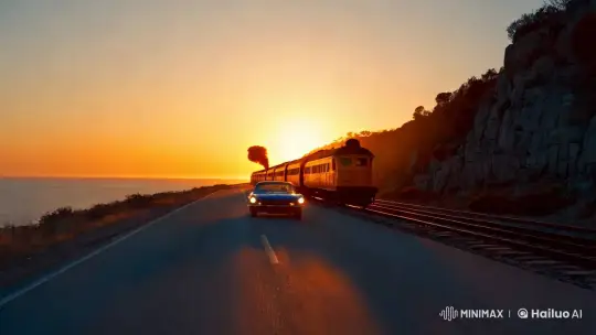 Twilight Drive Along Coastal Cliffs with Parallel Train – AI Generated Video | Hailuo AI