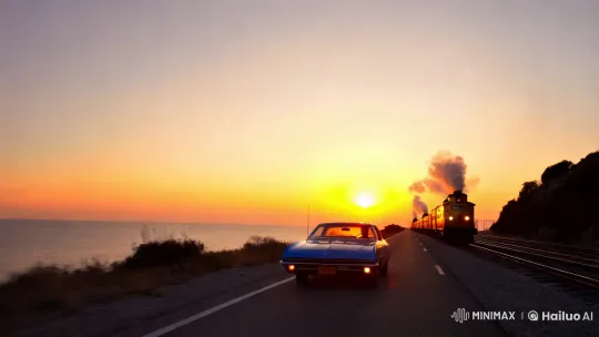 Sunset Drive: Coupe and Steam Train on Coastal Road – AI Generated Video | Hailuo AI