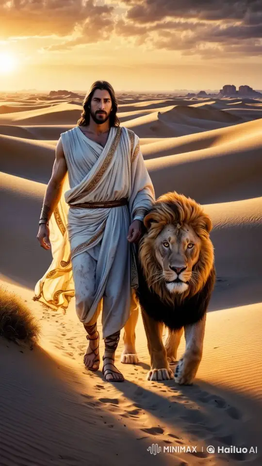 Regal Man and Lion Walk in Desert at Sunset – AI Generated Video | Hailuo AI