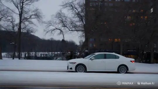 Winter Cityscape: Sedan Amid Snowfall and Bare Trees – AI Generated Video | Hailuo AI