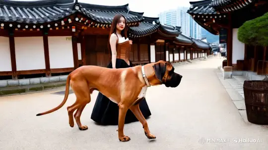 K-pop Idol and Great Dane Grace Hanok Village in Myeong-dong – AI Generated Video | Hailuo AI