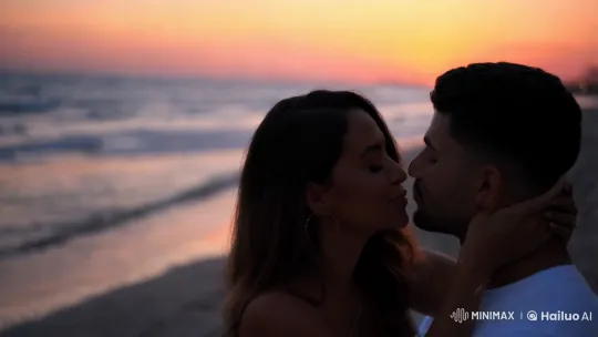 Romantic Couple Embrace on Serene Beach at Dusk – AI Generated Video | Hailuo AI