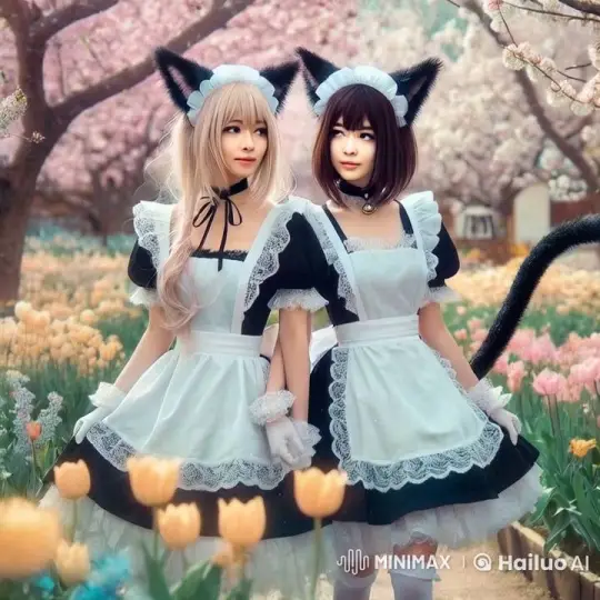 Two Women in Catmaid Costumes Enjoy Serene Garden – AI Generated Video | Hailuo AI