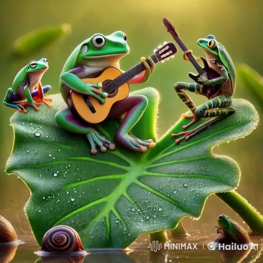 Colorful Frogs Serenade on Dewy Leaf – AI Generated Video | Hailuo AI