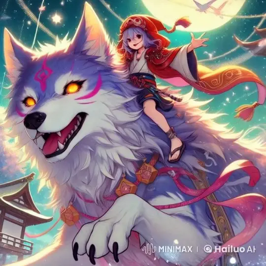 Mystical Wolf Ride: Girl with Purple Hair in Night Sky – AI Generated Video | Hailuo AI