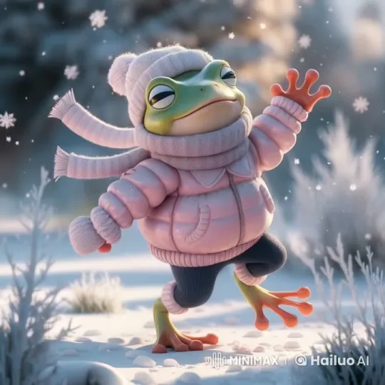 Colorful Frog Frolics Joyfully in Winter Wonderland – AI Generated Video | Hailuo AI