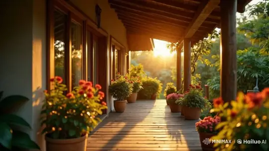 Sunlit Porch: Serene Evening with Vibrant Flowers – AI Generated Video | Hailuo AI
