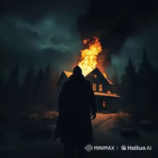 Mysterious Figure Observes House Fire at Night – AI Generated Video | Hailuo AI