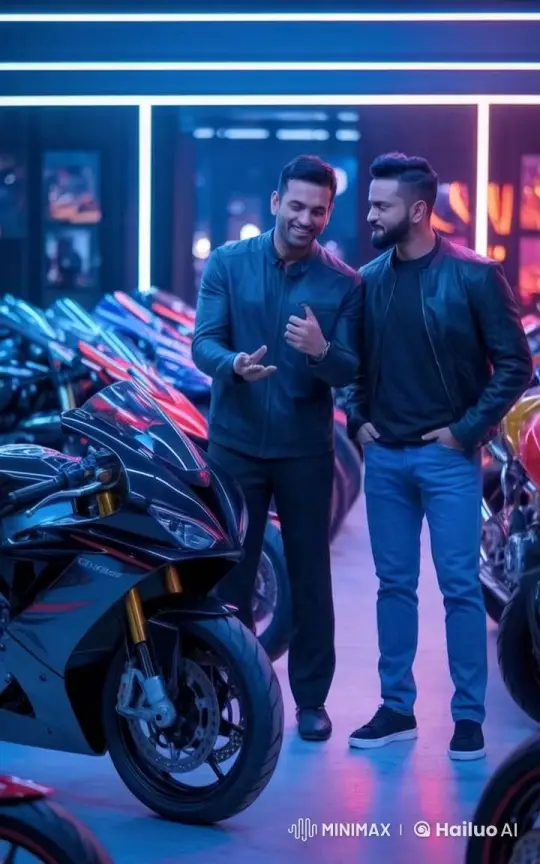 MS Dhoni and Virat Kohli in Lavish Garage with Motorcycles – AI Generated Video | Hailuo AI