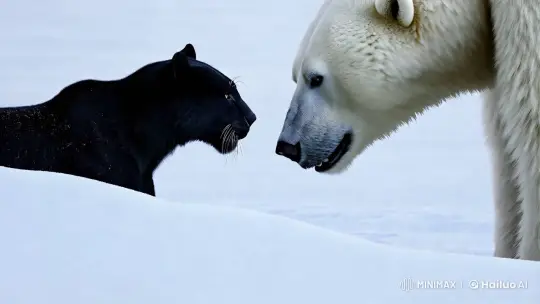 Panther and Polar Bear: Tense Encounter in Snowy Wilderness – AI Generated Video | Hailuo AI