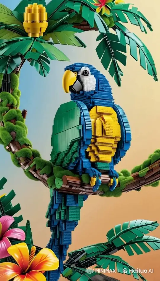 LEGO Parrot on Vibrant Branch Amidst Tropical Flowers – AI Generated Video | Hailuo AI