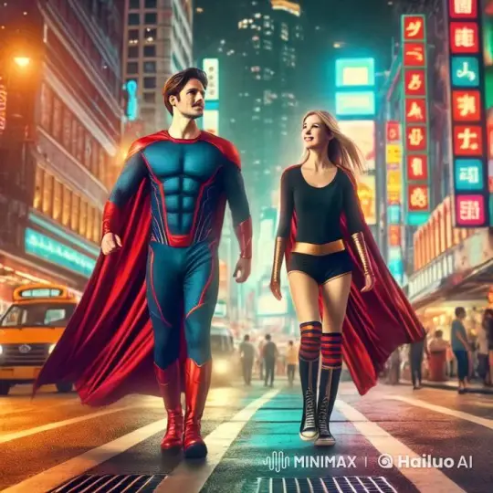 Superheroes Stroll Through Neon-Lit Cityscape – AI Generated Video | Hailuo AI