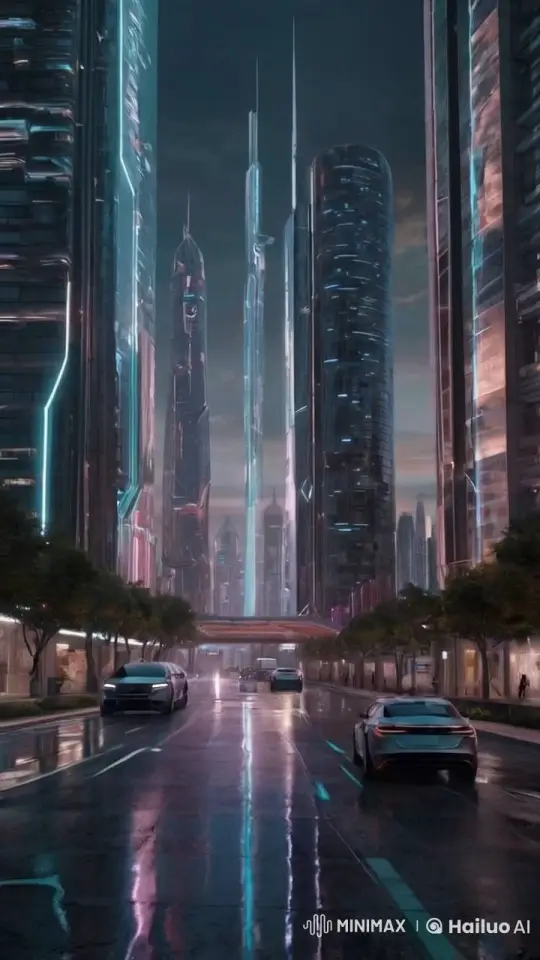Futuristic Cityscape at Twilight with Dynamic Traffic and Pedestrians – AI Generated Video | Hailuo AI