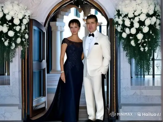 Couple in Elegant Attire at Grand Building Entrance – AI Generated Video | Hailuo AI