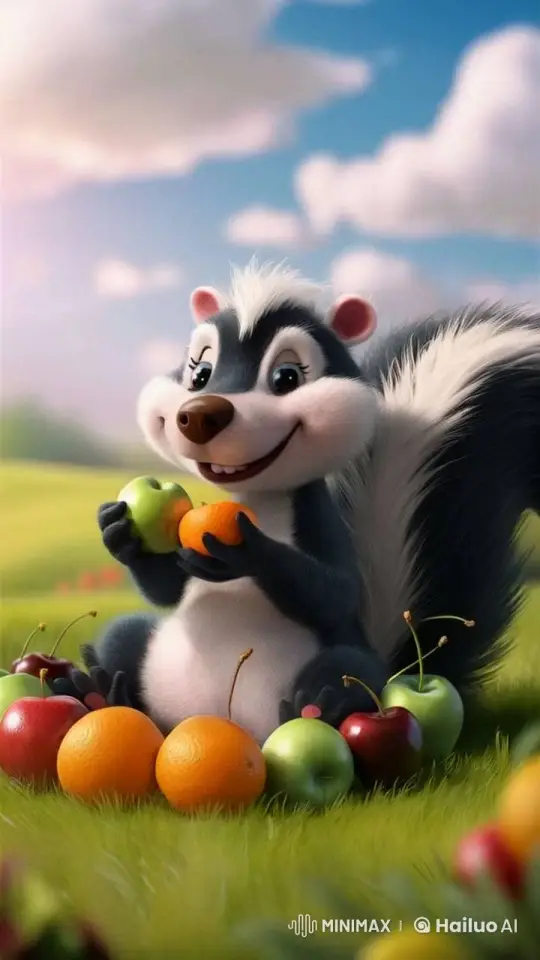 Cartoon Skunk Delights in Tasting Fruits in a Sunny Meadow – AI Generated Video | Hailuo AI
