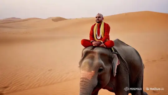 Bald Man Meditates on Elephant in Desert Aesthetic Scene – AI Generated Video | Hailuo AI
