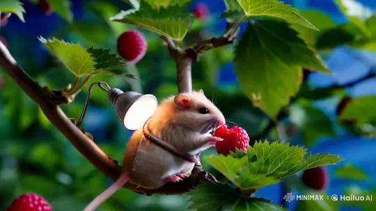 Fluffy Hamster Harvests Raspberries in Aesthetic Film Scene – AI Generated Video | Hailuo AI