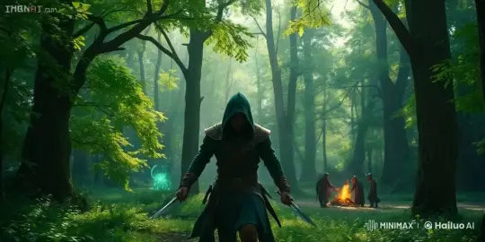 Medieval Armored Character Nears Campfire in Enchanted Forest – AI Generated Video | Hailuo AI