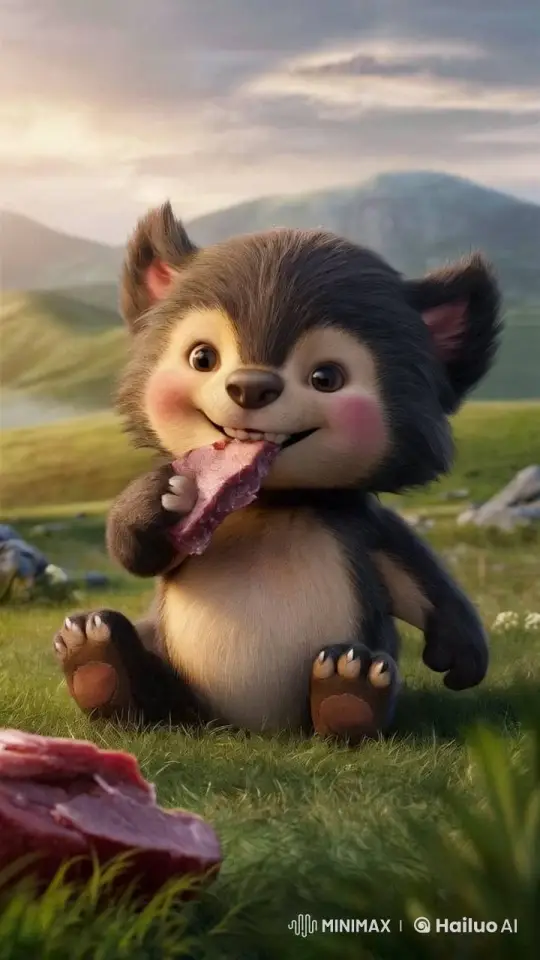 Fluffy Animal Enjoying Meat in Pastoral Landscape – AI Generated Video | Hailuo AI