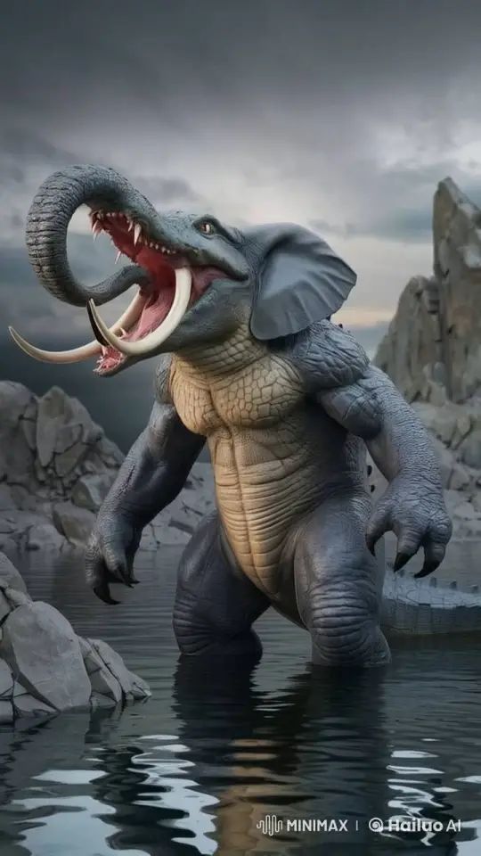 Elephant-Lizard Monster Attacks in Stormy Shoreline – AI Generated Video | Hailuo AI