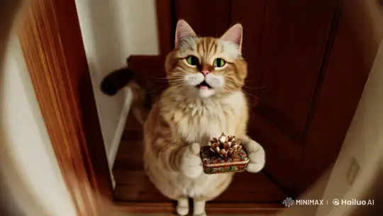 Charming Cat Presents Gift in Whimsical Home Setting – AI Generated Video | Hailuo AI