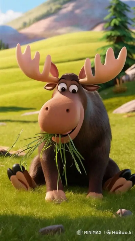 Animated Moose Enjoying Grass in Serene Landscape – AI Generated Video | Hailuo AI