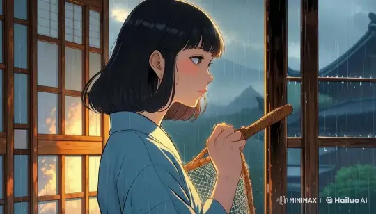 Girl by Window Observes Rain in Tranquil Scene – AI Generated Video | Hailuo AI