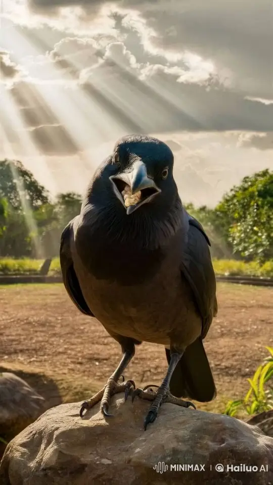 Crow Enjoying Meal on Rock in Peaceful Setting – AI Generated Video | Hailuo AI