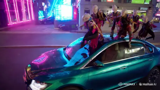 Alien Breakdancers on Futuristic Car in Neon City – AI Generated Video | Hailuo AI