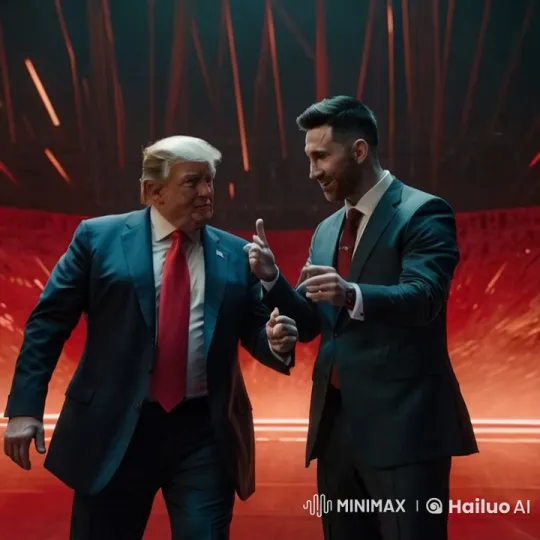 Trump and Mystery Man Dance Dramatically on Futuristic Stage – AI Generated Video | Hailuo AI